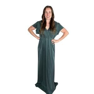 BALTIC BORN Athena Pleated Surplice V-Neck Maxi Gown Dress Teal Blue Maternity